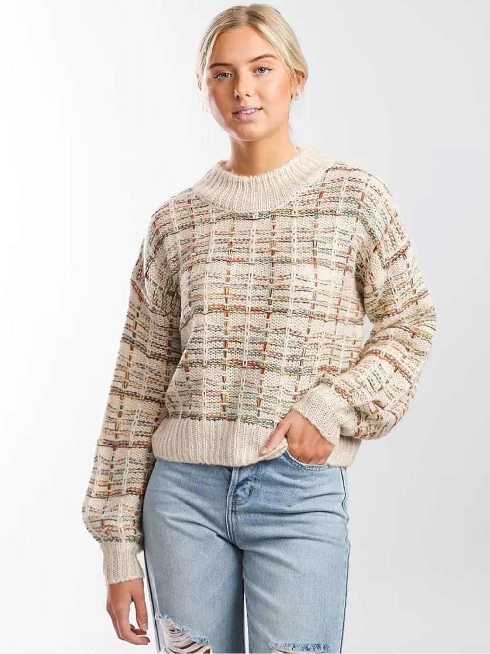 Buckle Rainbow Confetti Plaid Grid Knit Cropped Sweater - Cream - Size M